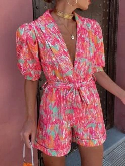 Women's Romper Lace Up Pocket Print V Neck Streetwear Street Daily Regular Fit Half Sleeve Red Purple S M L Summer -Cheap Plus Fit Dress Store zqzvav1683534900630