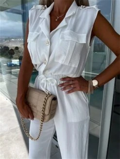 Women's Jumpsuit Button Pocket Solid Color Shirt Collar Streetwear Street Daily Regular Fit Short Sleeve Black White Green S M L Summer -Cheap Plus Fit Dress Store zrflsw1688455479285