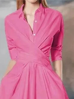Women's Casual Dress Cotton Linen Dress Swing Dress Midi Dress Cotton Blend Fashion Modern Outdoor Daily Shirt Collar Button Pocket Half Sleeve Summer Spring Fall 2023 Regular Fit Rose Red Plain S M -Cheap Plus Fit Dress Store zrkqbm1684118322980