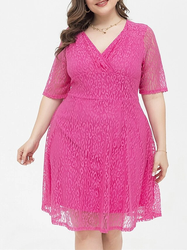 Women's Plus Size Curve Party Dress Lace Dress Cocktail Dress Midi Dress Fuchsia Half Sleeve Pure Color Lace Summer Spring Fall V Neck Fashion Birthday Wedding Guest Vacation 2023 XL XXL 3XL 4XL 4 Women's Plus Size Curve Party Dress Lace Dress Cocktail Dress Midi Dress Fuchsia Half Sleeve Pure Color Lace Summer Spring Fall V Neck Fashion Birthday Wedding Guest Vacation 2023 XL XXL 3XL 4XL - Image 4