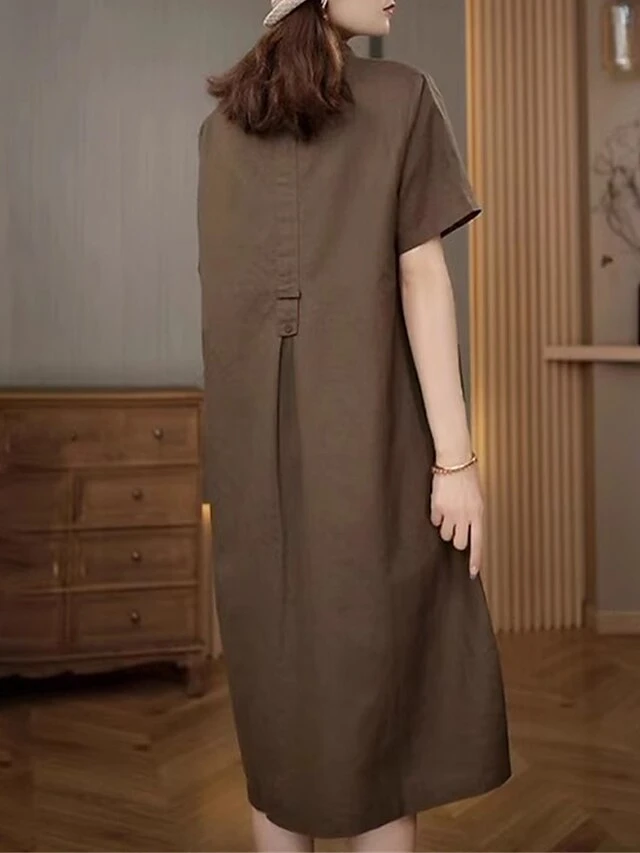 Women's Casual Dress Cotton Linen Dress Midi Dress Polyester Casual Daily Casual Outdoor Home Holiday Shirt Collar Pocket Short Sleeve Summer Spring 2023 Loose Fit Navy Blue Purple Brown Plain M L XL 8 Women's Casual Dress Cotton Linen Dress Midi Dress Polyester Casual Daily Casual Outdoor Home Holiday Shirt Collar Pocket Short Sleeve Summer Spring 2023 Loose Fit Navy Blue Purple Brown Plain M L XL - Image 8
