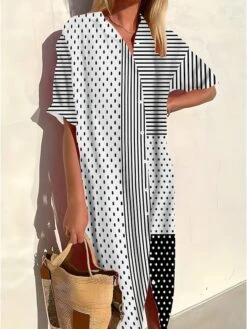 Women's Shirt Dress Casual Dress Midi Dress Outdoor Office Daily Polyester Fashion Modern Shirt Collar Button Print 3/4 Length Sleeve Summer Spring Fall 2023 Loose Fit Black White Yellow Geometric