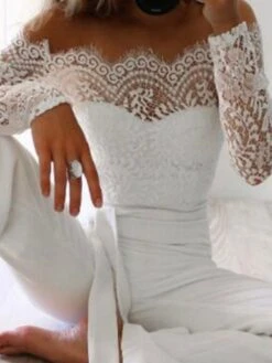 Women's Jumpsuit Lace High Waist Solid Color Off Shoulder Elegant Wedding Party Regular Fit Long Sleeve Black White Blue S M L Fall -Cheap Plus Fit Dress Store zsdpjn1692237306721