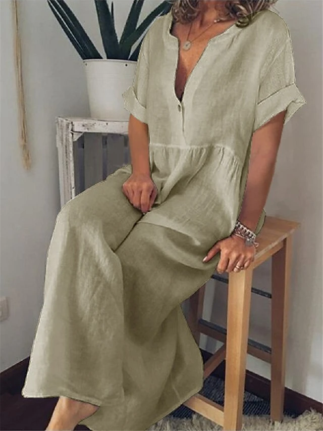 Women's Casual Dress Cotton Linen Dress Maxi Long Dress Cotton Blend Basic Classic Outdoor Daily Vacation Split Neck Button Short Sleeve Summer Spring 2023 Loose Fit Black White Blue Plain S M L XL 5 Women's Casual Dress Cotton Linen Dress Maxi Long Dress Cotton Blend Basic Classic Outdoor Daily Vacation Split Neck Button Short Sleeve Summer Spring 2023 Loose Fit Black White Blue Plain S M L XL - Image 5