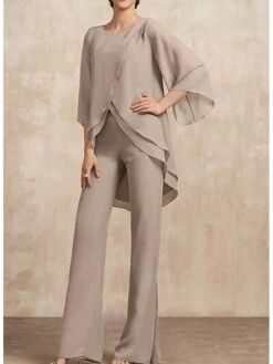 Women's Jumpsuit Maillard Solid Color Crew Neck Elegant Daily Holiday Straight Regular Fit 3/4 Length Sleeve Khaki S M L Summer Fall