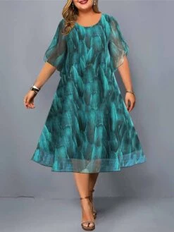 Women's Plus Size Curve Casual Dress Chiffon Dress A Line Dress Graphic Midi Dress Half Sleeve Layered Crew Neck Fashion Daily Blue Summer Spring L XL XXL 3XL 4XL