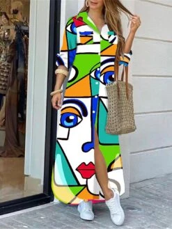 Women's Shirt Dress Casual Dress Maxi Long Dress Outdoor Daily Polyester Fashion Hot Shirt Collar Button Print Long Sleeve Summer Spring Fall 2023 Regular Fit ArmyGreen Black Pink Geometric Abstract -Cheap Plus Fit Dress Store zsxucx1689054963043