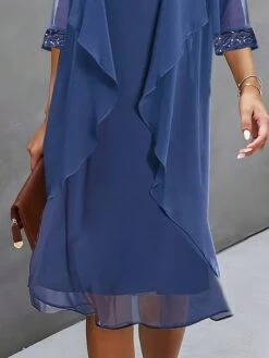 Women's Two Piece Dress Set Casual Dress Chiffon Dress Outdoor Daily Fashion Elegant Patchwork Sequin Midi Dress Crew Neck 3/4 Length Sleeve Plain Regular Fit Navy Blue Fall Winter S M L XL XXL -Cheap Plus Fit Dress Store ztknym1694596523730