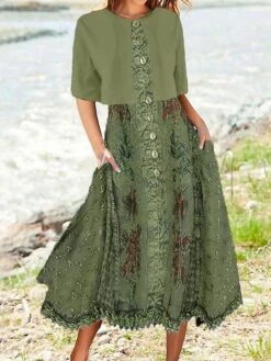 Women's Two Piece Dress Set Casual Dress Swing Dress Outdoor Daily Fashion Modern Button Pocket Midi Dress Crew Neck Short Sleeve Floral Loose Fit Pink Blue Green Summer Spring S M L XL XXL