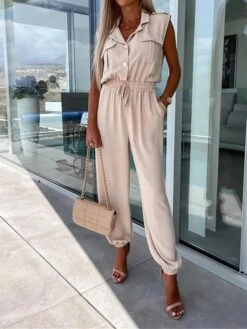 Women's Jumpsuit Button Pocket Solid Color Shirt Collar Streetwear Street Daily Regular Fit Short Sleeve Black White Green S M L Summer -Cheap Plus Fit Dress Store zulijs1688455471997