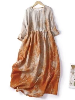 Women's Casual Dress Linen Dress Midi Dress Linen Fashion Romantic Outdoor Daily Holiday Crew Neck Pocket Print 3/4 Length Sleeve Fall Winter Autumn 2023 Loose Fit Blue Orange Painting Flower M L XL -Cheap Plus Fit Dress Store zuxhgu1694418651918