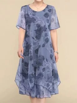Women's Plus Size Party Dress Cocktail Dress Wedding Guest Dress Midi Dress Wine Blue Short Sleeve Floral Mesh Summer Spring Fall Crew Neck Fashion Wedding Guest Vacation Summer Dress 2023 L XL XXL -Cheap Plus Fit Dress Store zuyyhm1690176958078