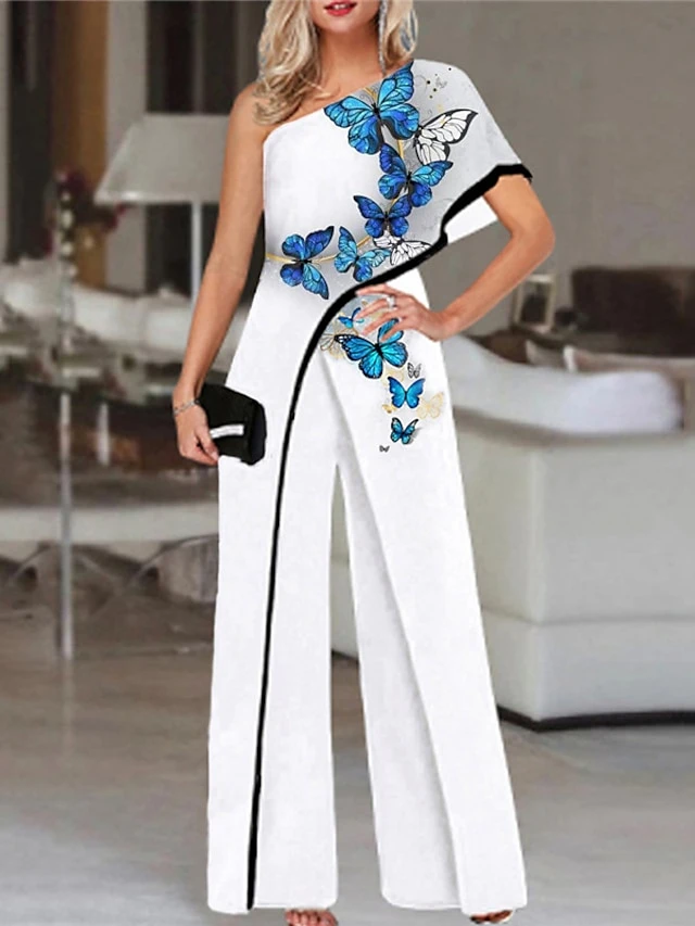 White Jumpsuit For Women Elegant OL Style Printed Evening Party One Shoulder High Waist Blue Black Wide Leg Pants 2 White Jumpsuit For Women Elegant OL Style Printed Evening Party One Shoulder High Waist Blue Black Wide Leg Pants - Image 2