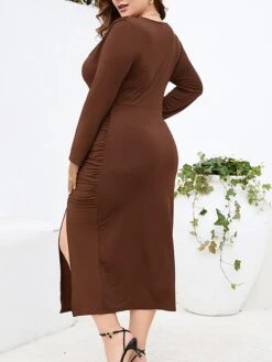 Women‘s Plus Size Curve Work Dress Sheath Dress Semi Formal Dress Fashion Midi Dress Ruched Split V Neck Long Sleeve Plain Regular Fit Black Wine Purple Fall Winter L XL XXL 3XL 4XL -Cheap Plus Fit Dress Store zvmbbd1691401360344