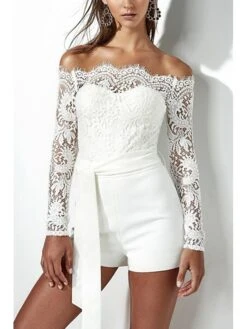 White Jumpsuit For Women Sexy Romper Lace Backless Solid Color Off Shoulder Elegant Party Street Regular Fit Long Sleeve S M L Summer -Cheap Plus Fit Dress Store zvqrhs1677899497189