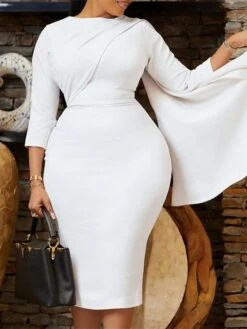 Women‘s Plus Size Curve Work Dress Bodycon Sheath Dress Solid Color Midi Dress Long Sleeve Crew Neck Fashion Outdoor White Red Fall Spring L XL XXL 3XL