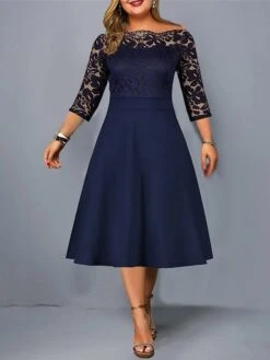 Women‘s Plus Size Curve Party Dress Solid Color Off Shoulder Lace Half Sleeve Summer Spring Elegant Formal Midi Dress Party Cocktail Party Dress