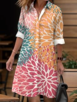 Women's Shirt Dress Casual Dress Midi Dress Outdoor Daily Date Polyester Fashion Modern Shirt Collar Button Pocket Long Sleeve Fall Winter 2023 Loose Fit Yellow Pink Dark Pink Floral Striped S M L XL
