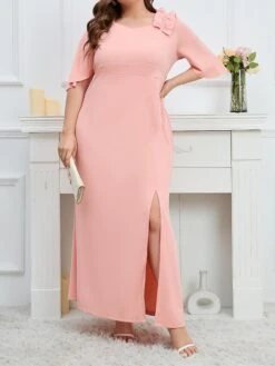 Women's Plus Size Party Dress Wedding Guest Dress Formal Dress Long Dress Maxi Dress Pink Half Sleeve Pure Color Ruffle Spring Fall Winter V Neck Fashion Birthday Evening Party Wedding Guest 2023 L