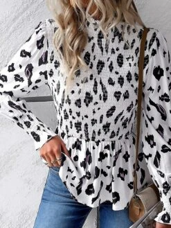 Women's Henley Shirt Tencel White Plain Print Long Sleeve High Neck Form Fit Portrait Bell Sleeve Fall & Winter