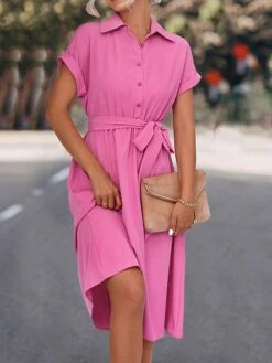 Women's Shirt Dress Casual Dress Midi Dress Outdoor Daily Date Polyester Casual Classic Shirt Collar Lace Up Ruched Short Sleeve Summer Spring 2023 Loose Fit Black Blue Rose Red Plain S M L XL -Cheap Plus Fit Dress Store zwmvgh1677739302175