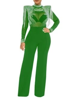 Women's Jumpsuit High Waist Tassel Solid Color Stand Collar Elegant Party Regular Fit Long Sleeve Green Blue Fuchsia S M L Winter -Cheap Plus Fit Dress Store zwoxpr1665571018752