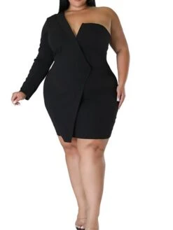 Women‘s Plus Size Curve Party Dress Solid Color One Shoulder Long Sleeve Fall Winter Formal Knee Length Dress Party Date Dress -Cheap Plus Fit Dress Store zwvarp1658995288061