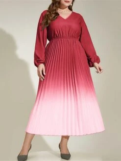 Women's Plus Size Work Dress Swing Dress Semi Formal Dress Fashion Long Dress Maxi Dress Pleated Print V Neck Long Sleeve Ombre Regular Fit Red Fall Winter L XL XXL 3XL 4XL