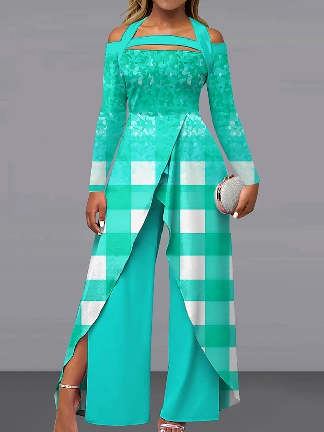 Women's Jumpsuit Print Plaid Off Shoulder Elegant Wedding Party Wide Leg Regular Fit Long Sleeve Light Green Pink Blue S M L All Seasons 3 Women's Jumpsuit Print Plaid Off Shoulder Elegant Wedding Party Wide Leg Regular Fit Long Sleeve Light Green Pink Blue S M L All Seasons - Image 3
