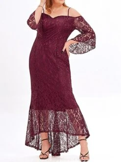 Women's Plus Size Prom Dress Party Dress Lace Dress Long Dress Maxi Dress Black Pink Wine Long Sleeve Pure Color Lace Spring Fall Winter Cold Shoulder Fashion Wedding Guest Birthday Evening Party 2023 -Cheap Plus Fit Dress Store zxipqu1693535477051