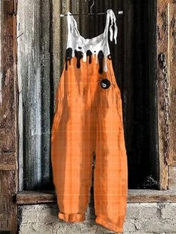 Women's Jumpsuit Halloween Pumpkin Bat Print Floral Crew Neck Holiday Party Going Out Straight Loose Fit Strap Black White Yellow S M L All Seasons -Cheap Plus Fit Dress Store zxljpb1690277831858