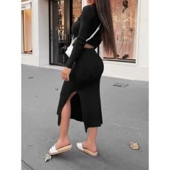 Women's Two Piece Dress Set Casual Dress Sweater Dress Outdoor Daily Fashion Streetwear Split Midi Dress Crew Neck Long Sleeve Plain Regular Fit Black White Orange Fall Winter S M L XL XXL -Cheap Plus Fit Dress Store zxmkxh1695635372798
