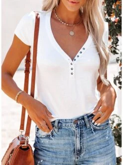 Women's T Shirt Tee Henley Shirt Black White Yellow Plain Button Short Sleeve Casual Weekend Basic V Neck Regular Fit