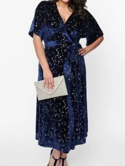 Women's Plus Size Curve Casual Dress Velvet Dress Wrap Dress Star Midi Dress Short Sleeve Lace Up Print V Neck Fashion Outdoor Navy Blue Fall Winter L XL 2XL 3XL 4XL -Cheap Plus Fit Dress Store zyajkj1697165011590