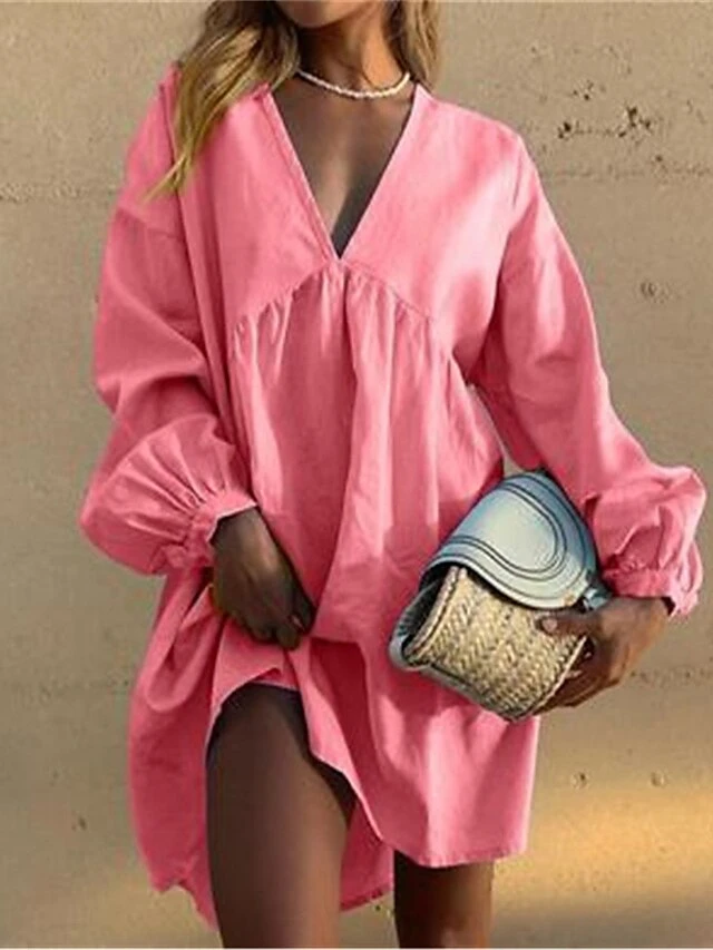 Women's Casual Dress Cotton Linen Dress Mini Dress Cotton Basic Classic Outdoor Daily Vacation V Neck Basic Long Sleeve Summer Spring Fall 2023 Loose Fit Yellow Red Blue Plain S M L XL 2XL 3 Women's Casual Dress Cotton Linen Dress Mini Dress Cotton Basic Classic Outdoor Daily Vacation V Neck Basic Long Sleeve Summer Spring Fall 2023 Loose Fit Yellow Red Blue Plain S M L XL 2XL - Image 3