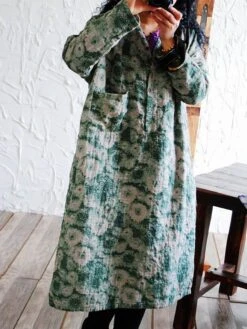 Women's Casual Dress Cotton Linen Dress Loose Dress Midi Dress Cotton Blend Daily Stylish Outdoor Daily Vacation V Neck Button Print Long Sleeve Spring Fall Winter 2023 Loose Fit Red Blue Green Floral -Cheap Plus Fit Dress Store zzcfjh1695014798811