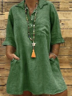 Women‘s Plus Size Curve Casual Dress Solid Color Shirt Collar 3/4 Length Sleeve Fall Spring Casual Classic Mini Dress Daily Vacation Dress -Cheap Plus Fit Dress Store zzdphz1672022972271